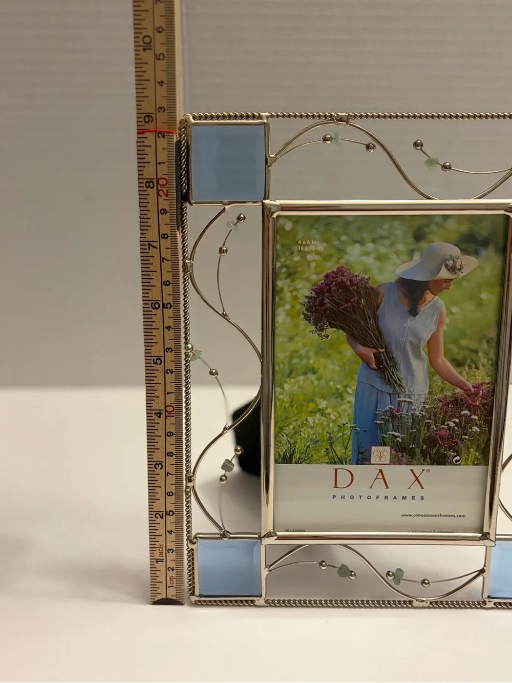 Vintage DAX Silver Wire Scrollwork Picture Frame 4x6 Blue Stained Glass Accents